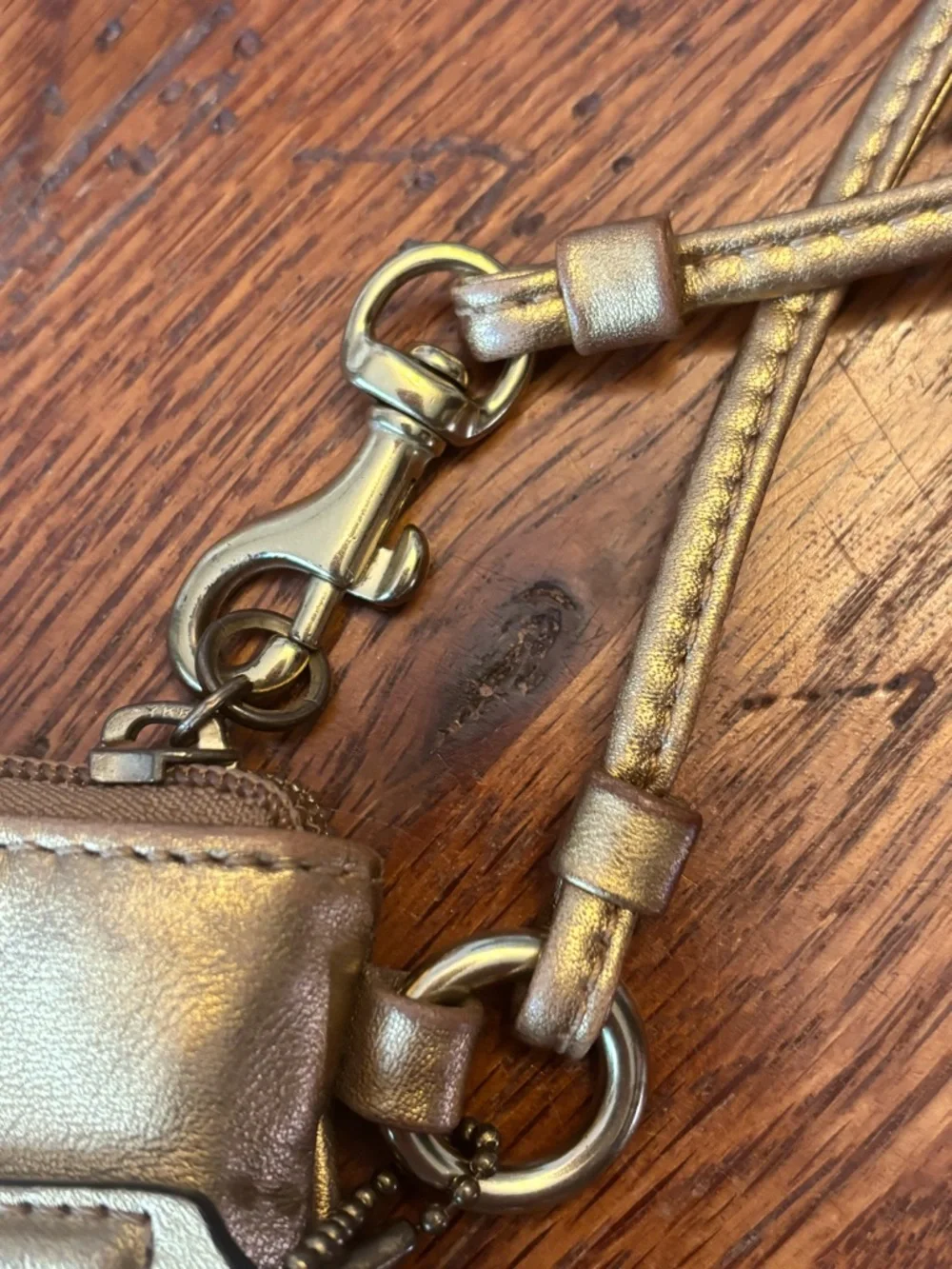 Coach Legacy Metallic Gold Leather Wristlet Clutch Pink Satin Lining Hangtag